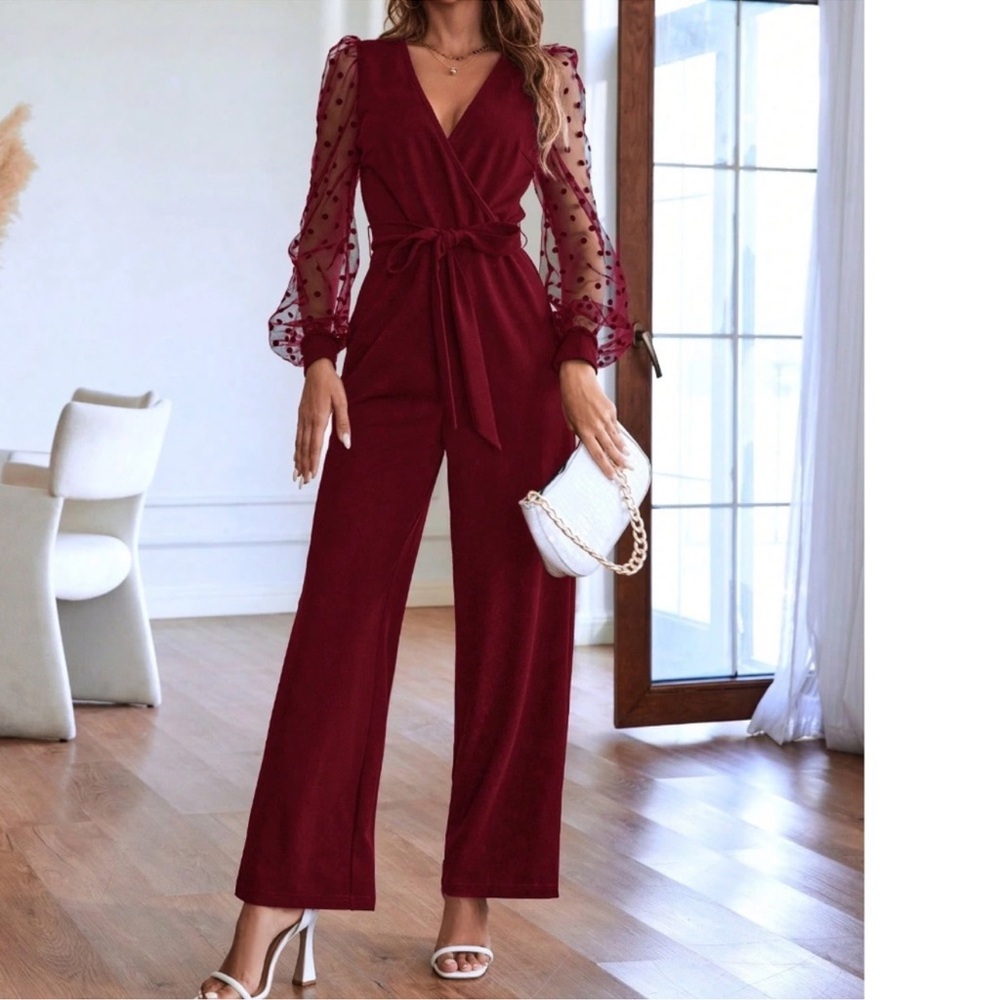 Classic Polka Dot Semi Sheer Long Sleeve Belted Straight Leg Jumpsuit S M L XL